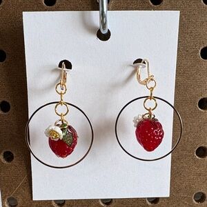 Hand Crafted Red Strawberry Hoop Earrings with Gold Accents